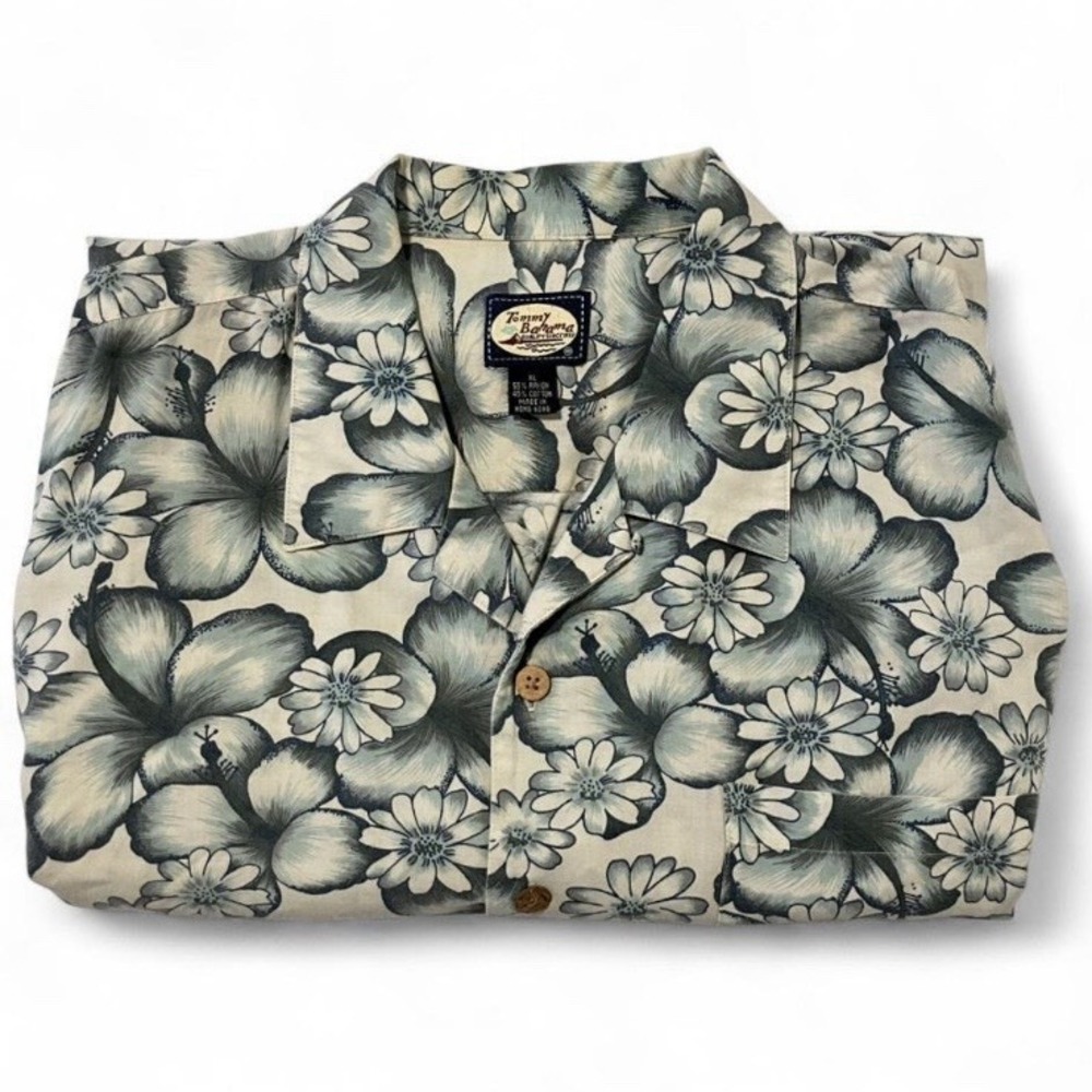 Vintage Tommy Bahama Hawaiian Shirt Men's Size XL Blue Floral Grey Y2K Rayon